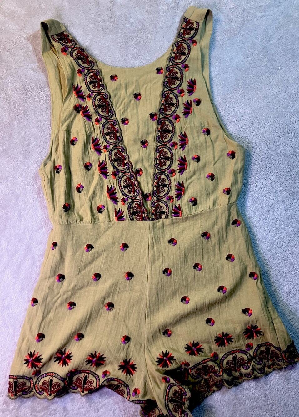 Free People Green Floral Embroidered V-Neck Sleeveless Romper Women's 2